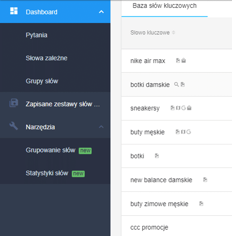 baza słów kluczowych w Senuto