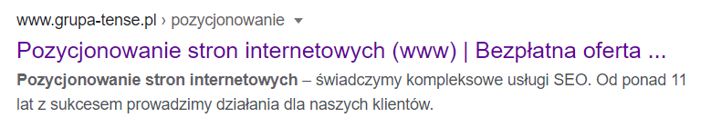 Słowa kluczowe zaznaczone w meta description