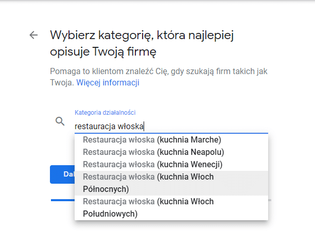 Wybór kategorii działalności firmy