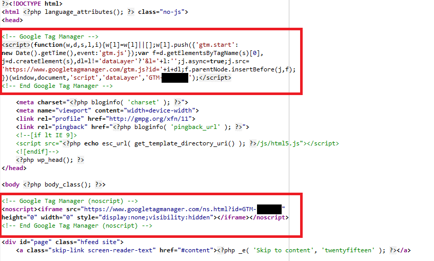 Kod strony z zainstalowanym Google Tag Managerem