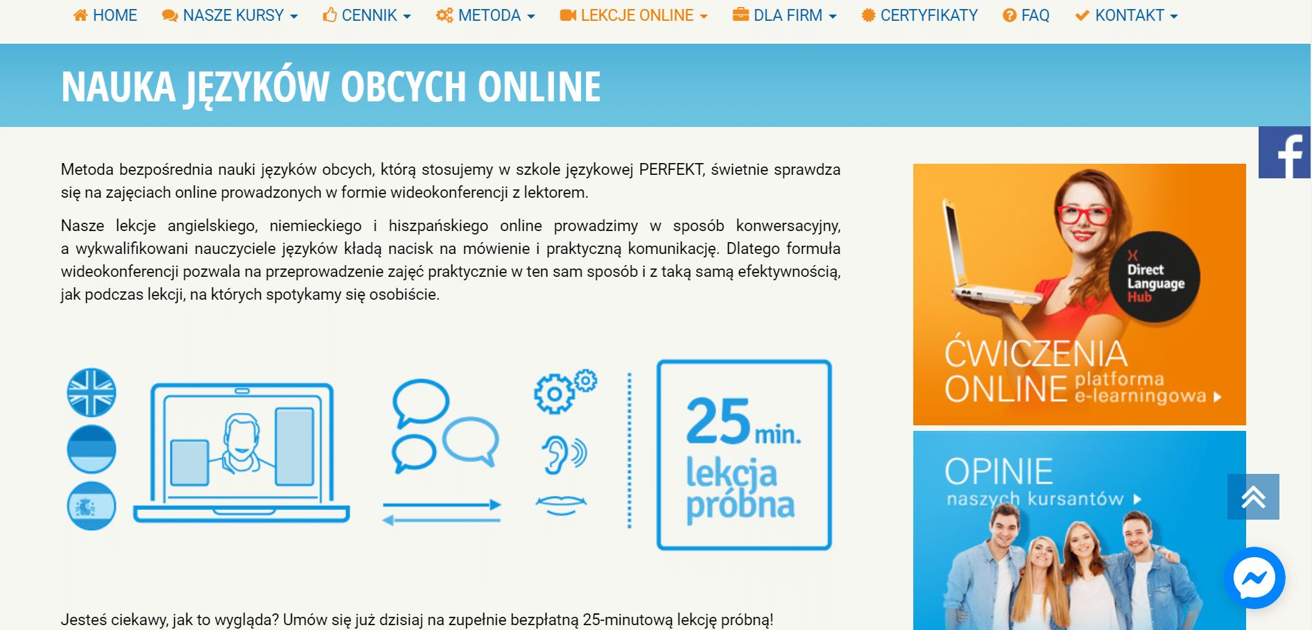 zakładka z zajęciami online na stronie Szkoły PERFEKT