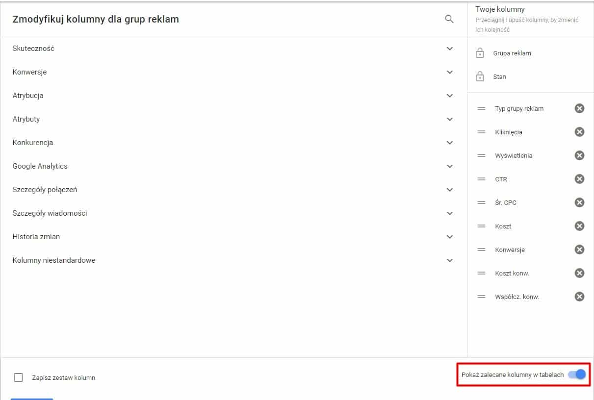 rekomendowane kolumny w Google Ads