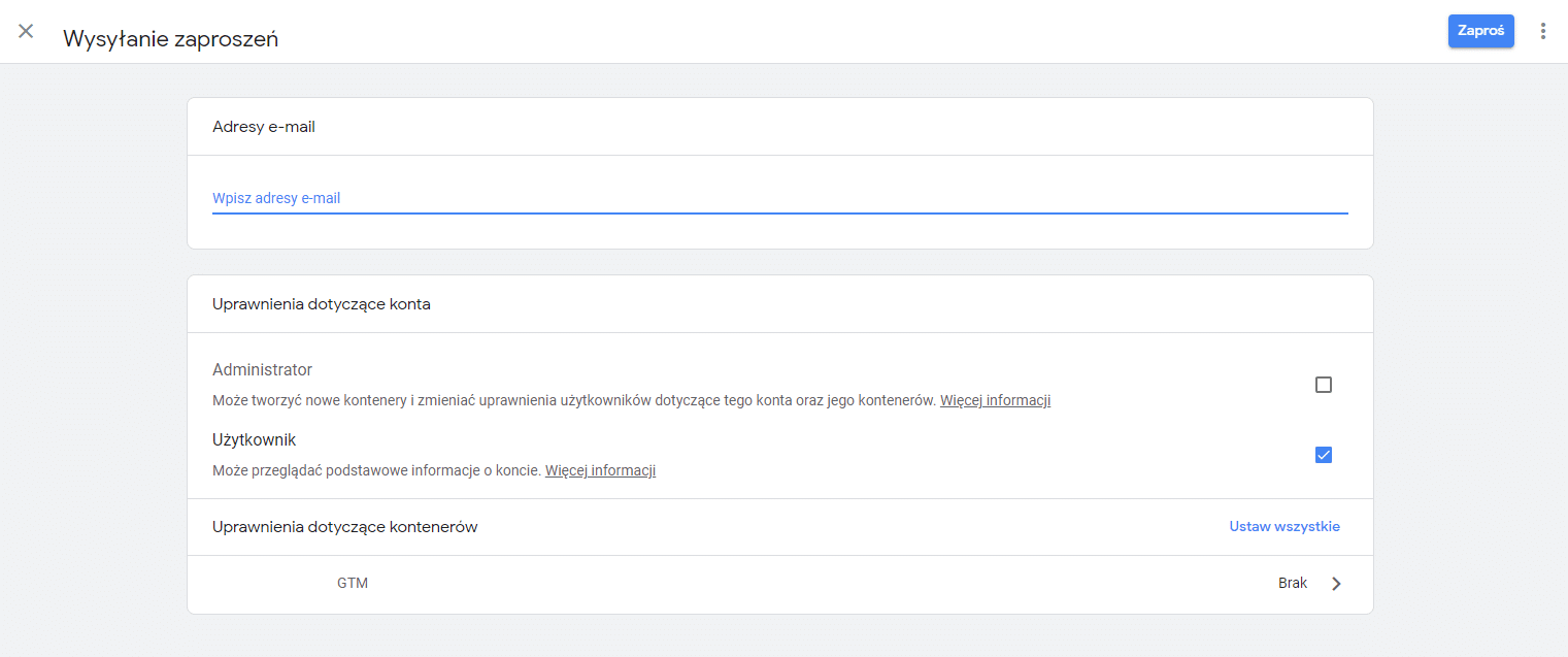 Rodzaje uprawnień do konta GTM