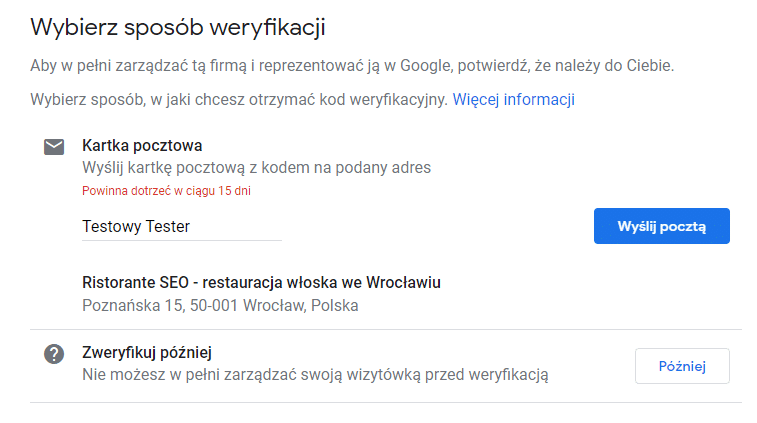 Sposób weryfikacji Google Moja Firma