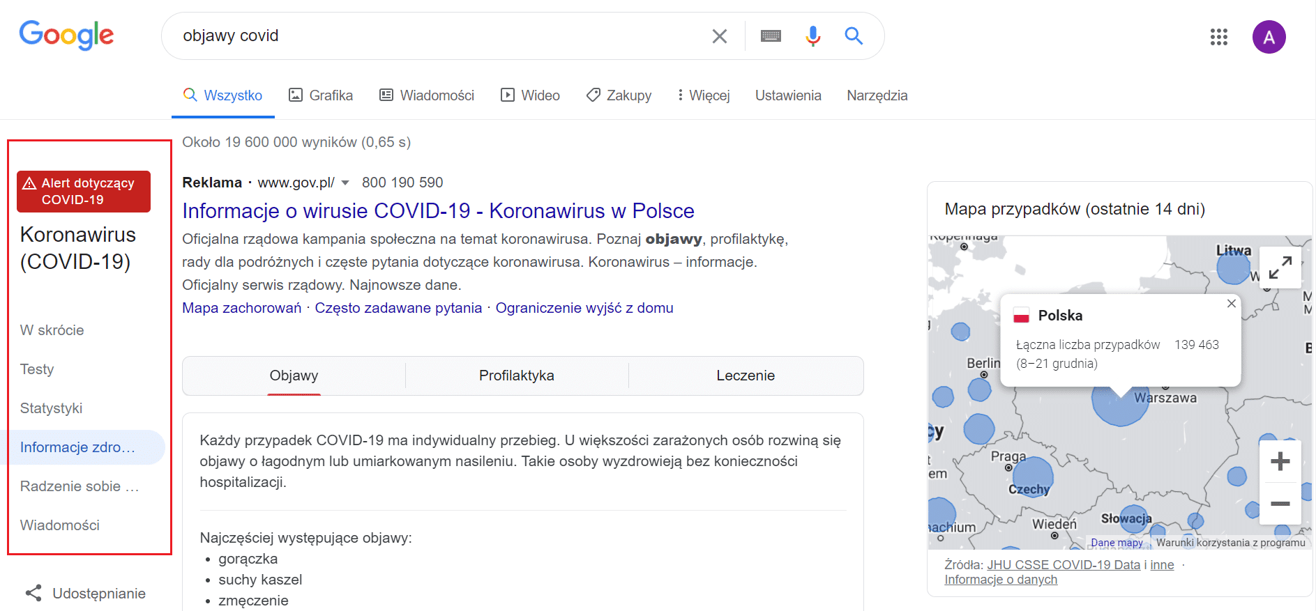 Google w SERP-ach udostępnia komunikaty, w których publikuje statystyki zakażeń.
