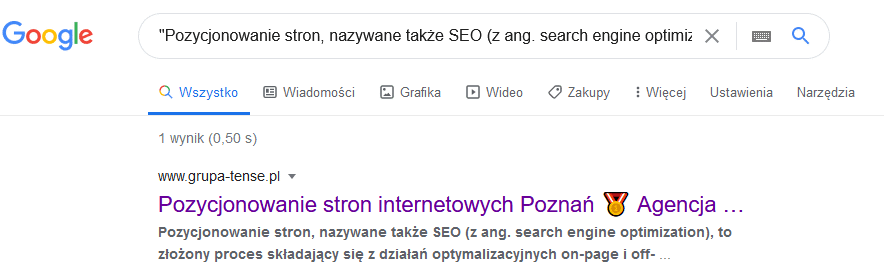 Przykład sprawdzania plagiatu w wyszukiwarce