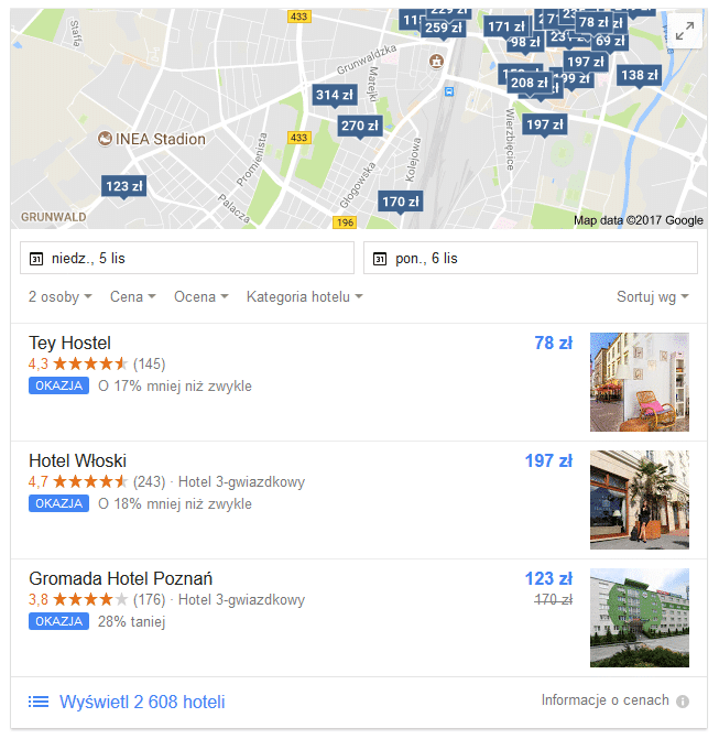 ceny hoteli w Google