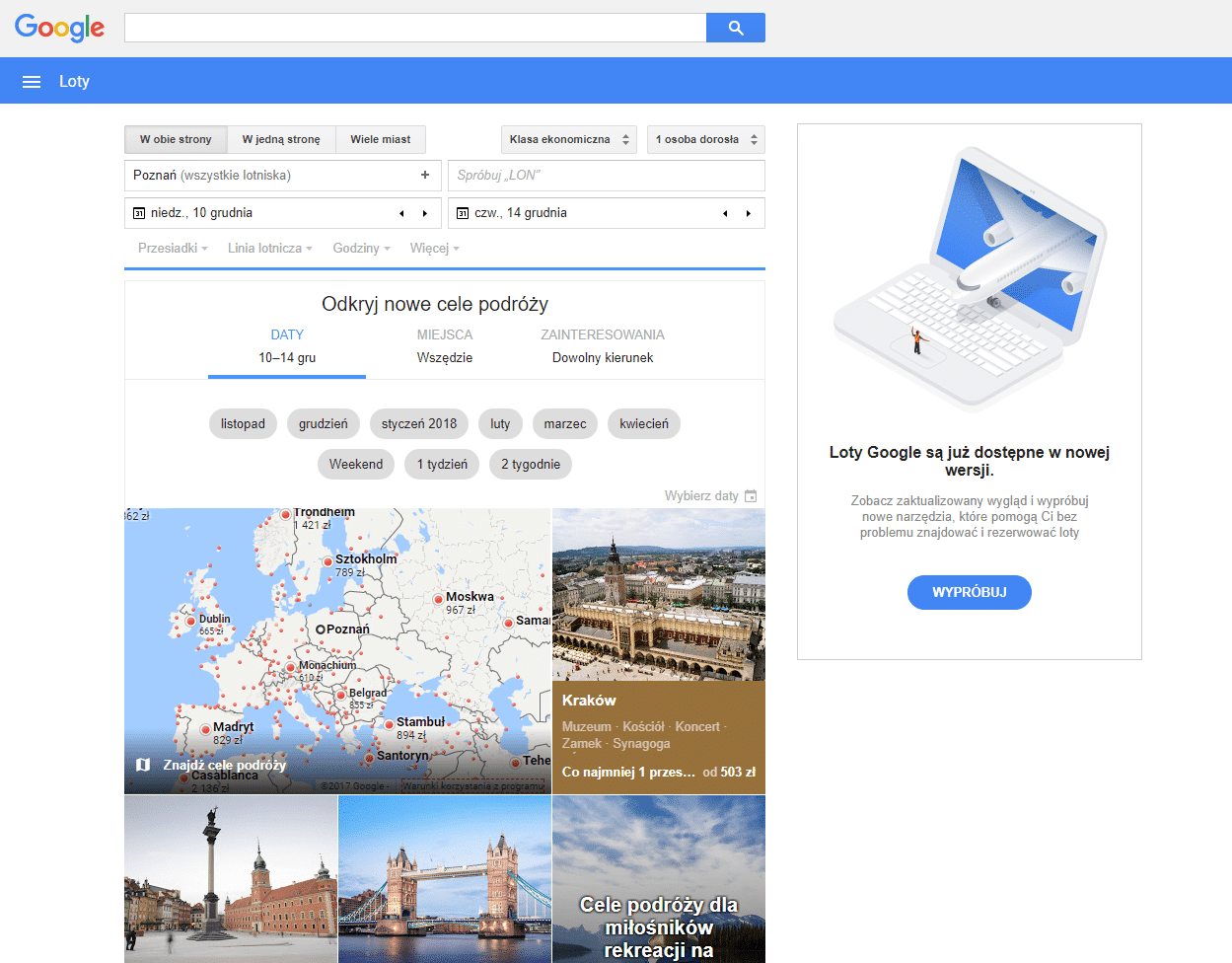 google flights stary interfejs