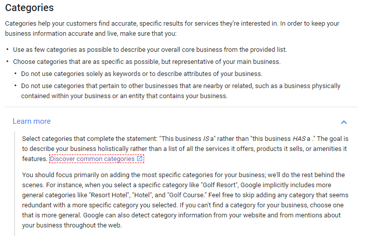 categories GMB - screen from Google guidelines