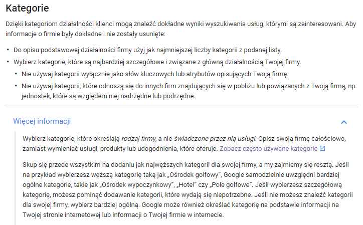 kategorie Google Moja Firma - screen z pomocy google - pl