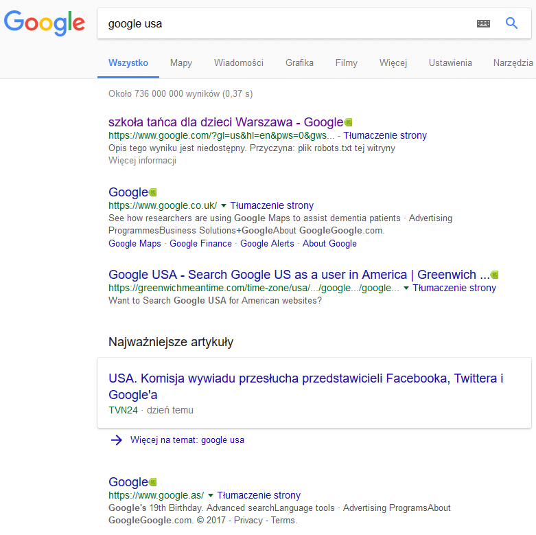 Wyniki wyszukiwania dla zapytania google usa