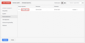 Utworzony segment na liście segmentów niestandardowych w Google Analytics