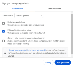 Opcje czyszczenia danych przeglądania z zaznaczoną opcją "pliki cookie i inne dane witryn"