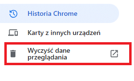 Opcja "wyczyść dane przeglądania" w Historii Chrome.